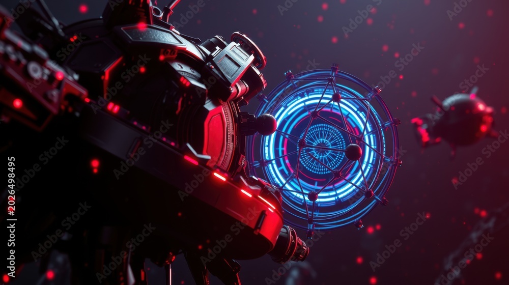 Fototapeta premium Futuristic spacecrafts float amid dark space. Red lights illuminate complex mechanical details, contrasting vibrant blue energy rings. Dramatic lighting creates depth.