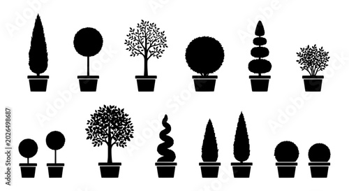 Various Potted Topiary Trees in Silhouette Against White Background for Landscape Design