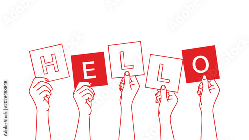 Hello text with raised hands holding cards vector illustration