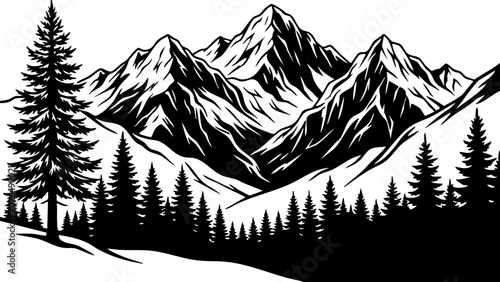 Mountain landscape silhouette with pine forest vector art