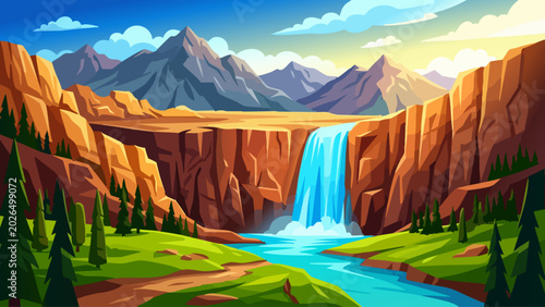 Foto Colorful canyon waterfall mountain landscape vector illustration