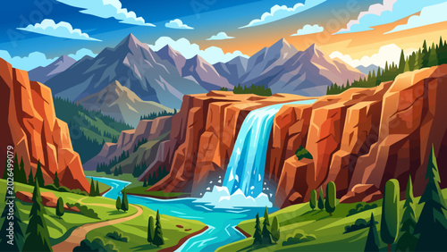 Foto Vibrant canyon waterfall river mountain landscape illustration