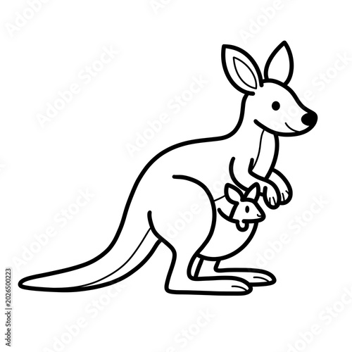 Cute kangaroo and joey in pouch black and white line art illustration