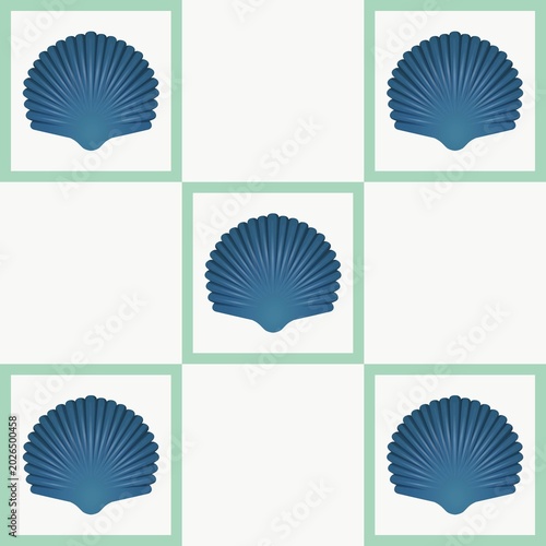 A modern geometric seamless pattern with stylized navy blue scallop shells framed in pale mint grid tiles. Part of the Oceanic Geometry Collection. Perfect for coastal home decor and textiles