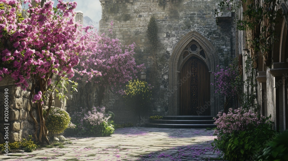 Obraz premium Ancient castle courtyard with blooming spring flowers