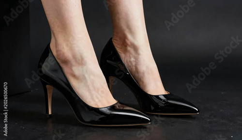 Professional women's black stiletto pumps with sleek reflection on black background.