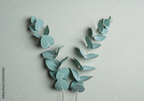 Soft Blue Eucalyptus Stems Arranged on Minimal Green Background
