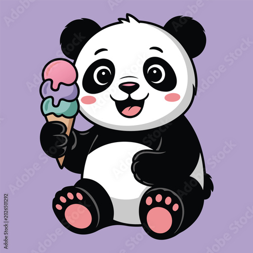Cartoon panda holding ice cream cone colourful vector illustration