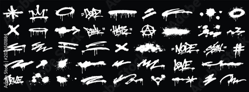 Tableau sur toile Set of graffiti spray paint elements, tags, drips, and splatters on black backgr