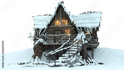 Konstfotografi Isolated 3D render of a cozy wooden cabin covered in thick snow