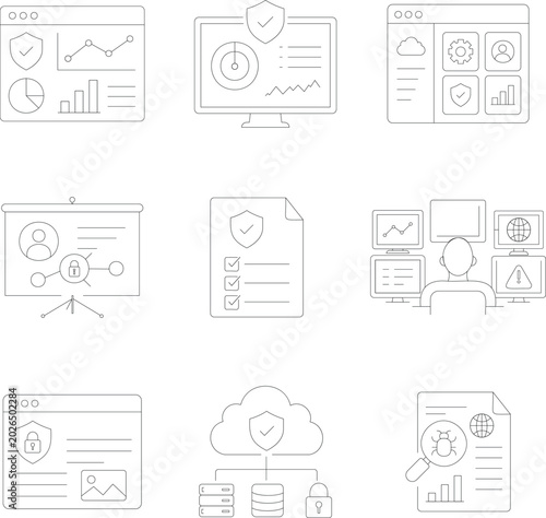 Enterprise Cybersecurity Dashboard and Security Monitoring Line Icons Set