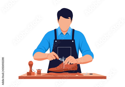 Tableau sur toile Shoemaker Artisan Working in Workshop Repairing Leather Shoes Flat Vector Illust