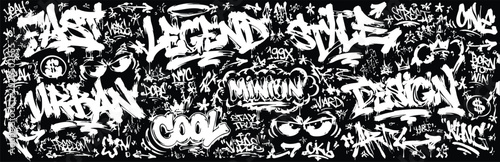 Foto Graffiti street art seamless pattern with urban lettering and tags on black back
