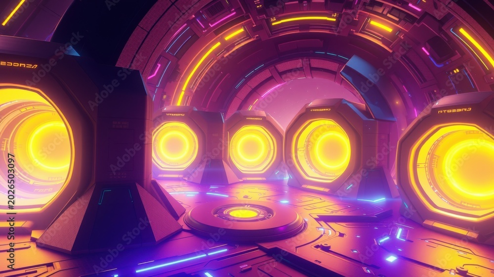 Fototapeta premium Futuristic corridor. Bright neon lights illuminate dark metallic walls. Circular openings glow intensely, creating dramatic perspective.