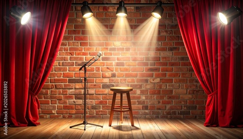 Brick wall stage with stool, microphone, red curtains spotlight