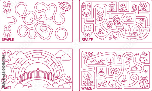 Photos Four outline mazes for kids featuring rabbits, ladybugs, flowers, clouds, and rainbow bridge
