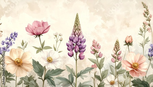 Vintage botanical watercolor wallpaper, delicate wildflowers, soft neutral tones, elegant hand-painted style, seamless pattern, calming aesthetic, high detail, artistic composition.