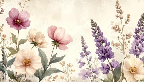 Vintage botanical watercolor wallpaper, delicate wildflowers, soft neutral tones, elegant hand-painted style, seamless pattern, calming aesthetic, high detail, artistic composition.