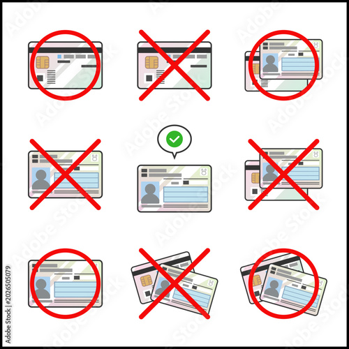 Japan Government ID Card (Individual Number Card) Icon Vector Set with Circle, Cross, and Check Indicators