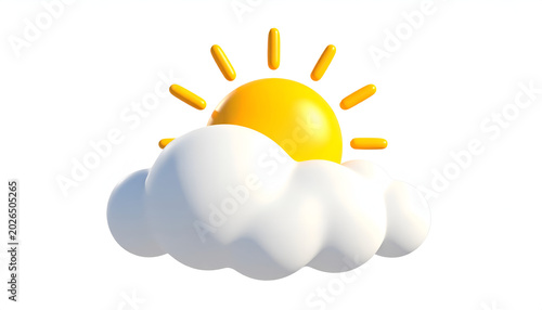 Stylized 3D Rendering of a Bright Sun Peeking Through Fluffy White Clouds.