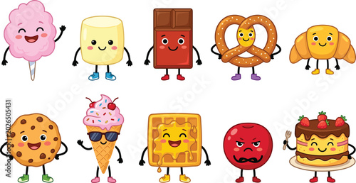 Φωτογραφία Cute cartoon dessert and sweet snack characters vector set isolated on white bac