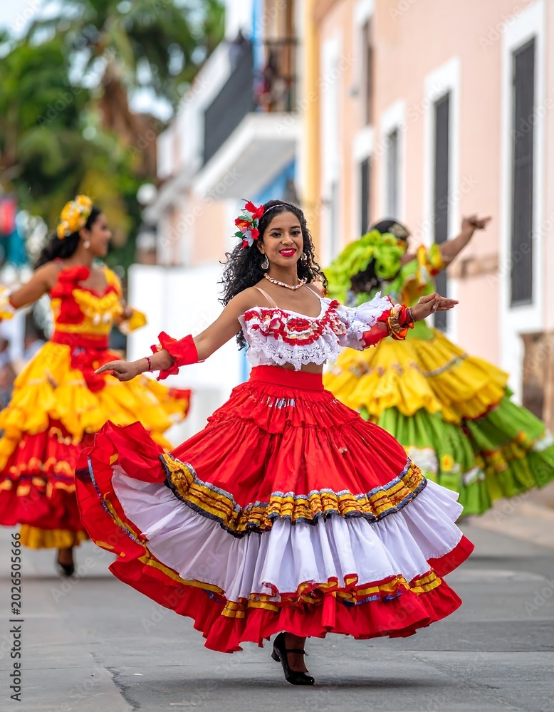 Naklejka premium People in colorful dresses dance outdoors on a sunny day celebration