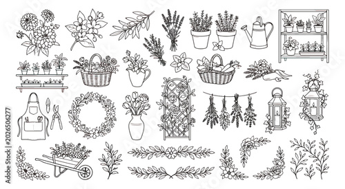Obraz na płótnie Hand drawn garden line art collection, rustic botanical sketch elements vector s