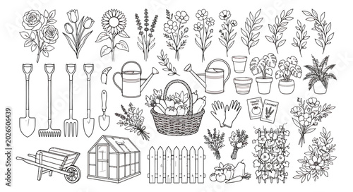 Foto Hand drawn gardening tool icons and botanical flower sketches, black and white g