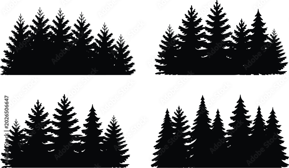 Obraz premium Evergreen tree silhouette collection featuring pine and fir forest clusters for creative design, illustration, and environmental artwork projects