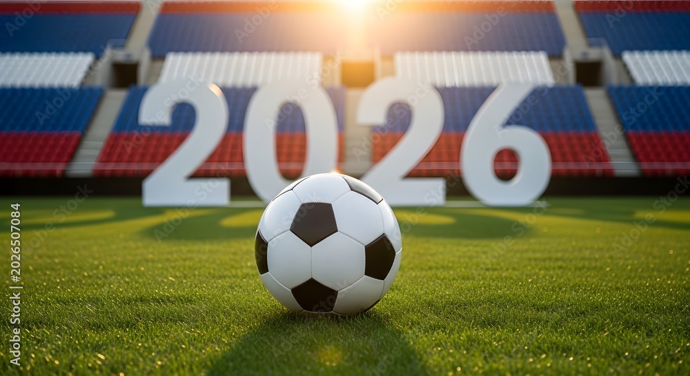Fototapeta premium 2026 Sports Event Background With Soccer Ball In Stadium