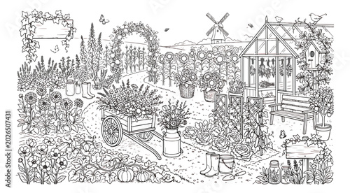 Slika na platnu Hand drawn garden landscape coloring page vector, rustic backyard scenery with g