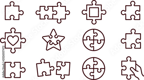 Quadro su tela Puzzle pieces, heart shape, star shape, square, circle, assembled and separate, outlined in magenta on transparent background