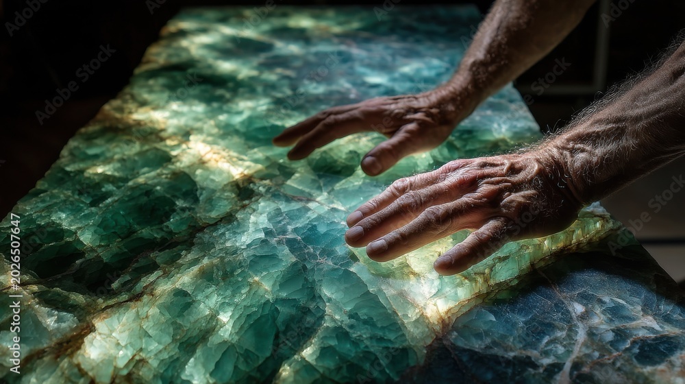 Fototapeta premium Hands touching decorative onyx slab with backlit green surface, showcasing natural emerald veining and translucent glowing stone texture