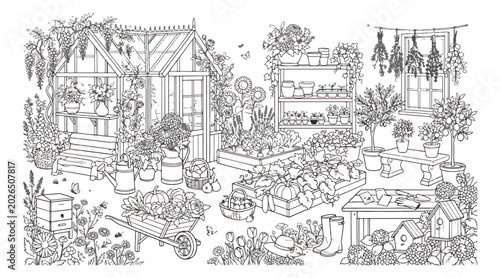 Tableau sur toile Intricate garden coloring page vector, detailed greenhouse and potting shed scen