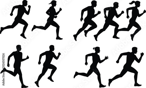 Fotografie Running people silhouettes in stride showing athletic motion, fitness activity,