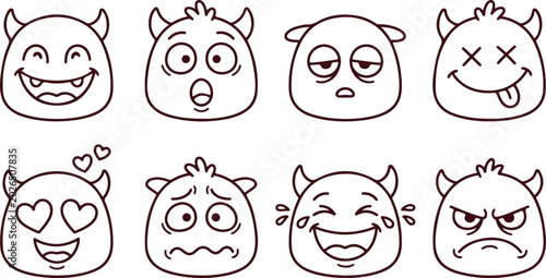 Canvastavla Collection of expressive cartoon monster faces with different emotions and moods, fun for emoticons