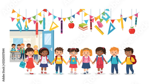 Canvastavla Joyful Classroom Gathering: Diverse children hold hands, celebrating the start of the school year with colorful decorations, school supplies, and eager faces ready for learning