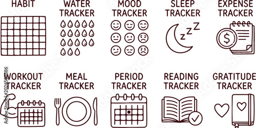 Tableau sur toile Set of planning and tracking icons, useful for journals, planners, and self-improvement apps