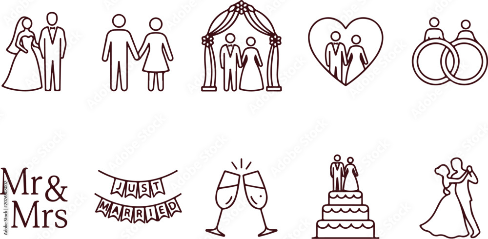 Fototapeta premium Wedding icons and symbols, bride and groom, rings, wedding cake, Mr Mrs text, just married banner, wedding ceremony, couple, love.