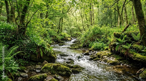Dense forest stream with glistening waterfall rocks and mossy vegetation