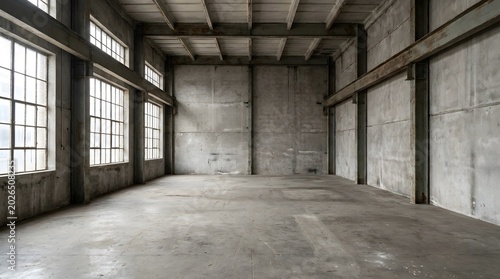 Industrial empty warehouse interior with concrete walls, spacious abandoned factory hall with large windows, minimalist urban loft background