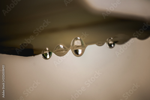 Fotografía Macro water droplets hanging beneath dark reflective surface