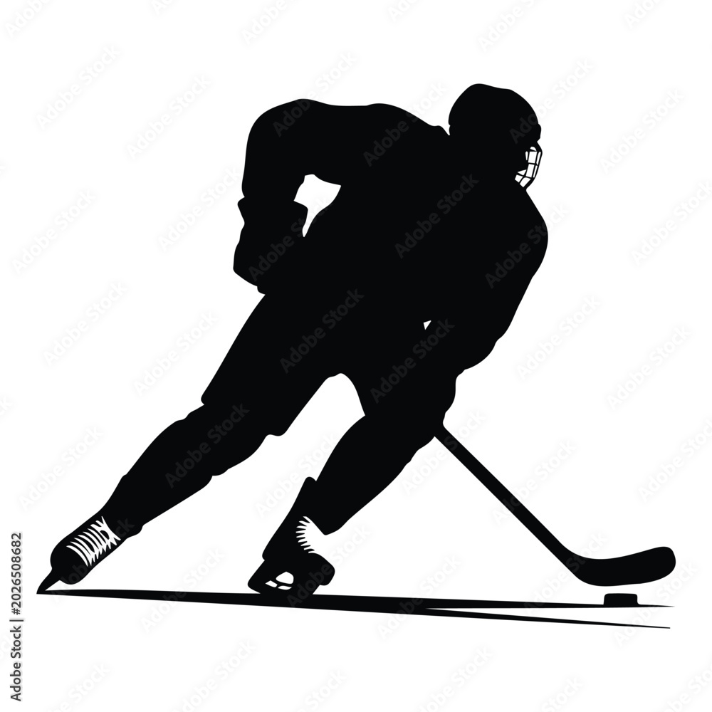 Fototapeta premium Hockey player silhouette with stick and puck on ice, ready for action.