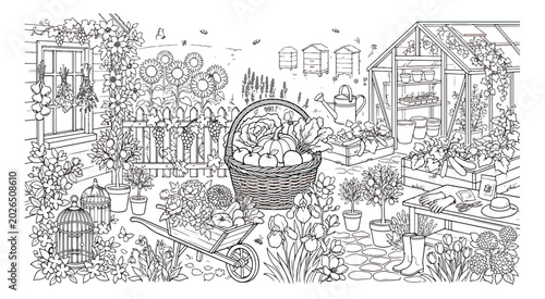 Quadro su tela Hand drawn garden coloring page vector, rustic backyard landscape with greenhous