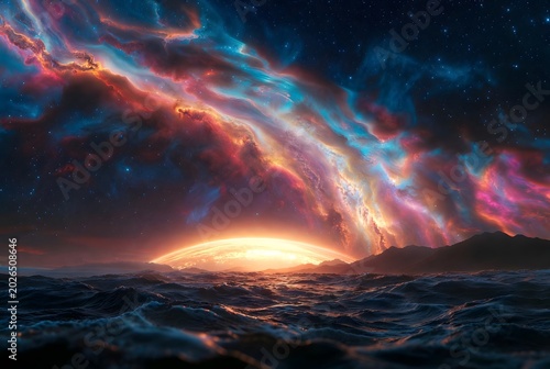 Epic surreal seascape with a glowing planet rising under a colorful cosmic nebula and starry sky.
