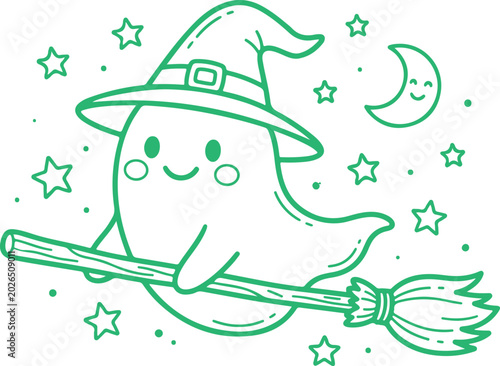 Photos Cute cartoon ghost wearing witch hat and riding broomstick, moon and stars in night sky, Halloween theme