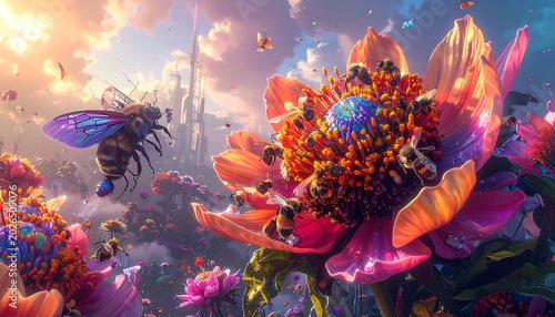 Fantasy scene with giant flower and bee dramatic lighting and detailed digital art