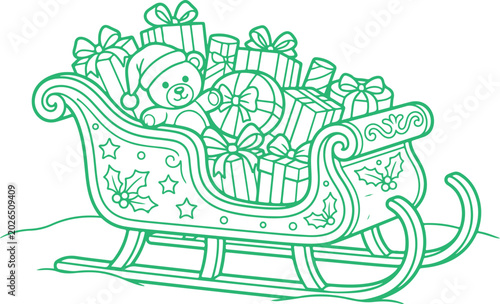 Photography Christmas sleigh filled with gifts and teddy bear, winter holiday scene