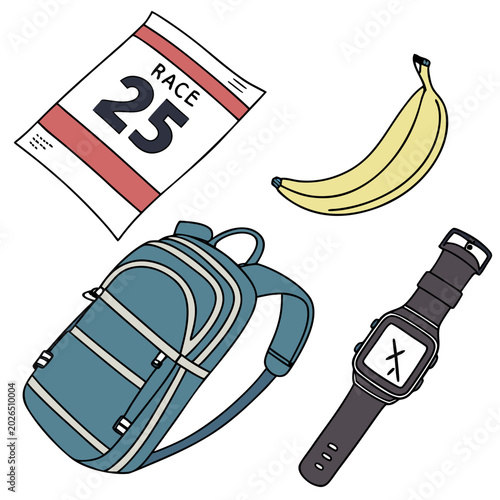 Running race essentials: bib backpack banana smartwatch with white background, flat design