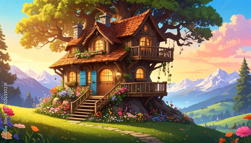 Obraz premium Enchanted treehouse overlooking mountains. Magical wooden treehouse with scenic landscape. Cozy fantasy treehouse vector illustration